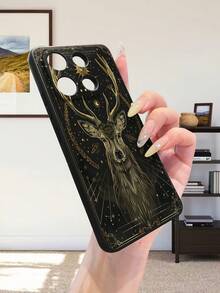 1pc Fashionable Gold Medal Deer Pattern Black Straight Edge Shockproof Protective Phone Case, Suitable For Men And Women, Ideal Choice For Fashion Enthusiasts, Minimalist And Stylish Design Compatible With Apple/Infinix/Vivo/OPPO