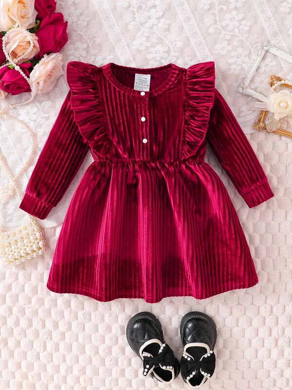 Baby Girls' Vintage Style Round Neck Ribbed Ruffle Hem Design Dress, Toddler Girls' Fashionable Sweet Dress For Spring, Autumn & Winter, Baby Girls' Casual Long Sleeve Dress, Soft & Comfortable, Versatile & Elegant, Suitable For 0-1-2-3 Years Old, 6-9 Months, Outdoor, Casual, Daily, Party