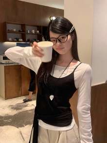 女士休闲二合一长袖 T 恤，修身系带初秋汗衫 - 黑與白 - 查看 3