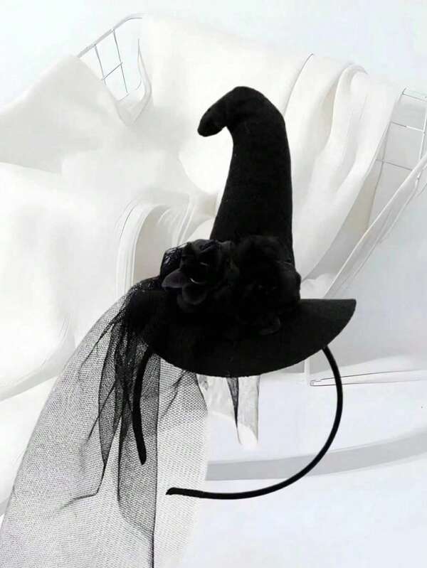 1pc Gothic Lace Headband Vintage Mesh Big Witch Hat For Halloween Party Costume ,Hair Hoop Hairband For Women