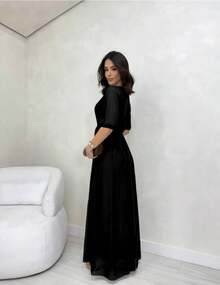 Luxury Long Dress With Short Sleeves For Brides And Guests - V-Neckline, Premium Tulle Belt, New Summer 2025 - màu đen - Xem 2