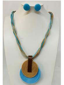 Braided Wire Necklace Set With Double Pendant + Resin Button Earrings – Sophistication In Every Detail. - Baby Blue - View 1
