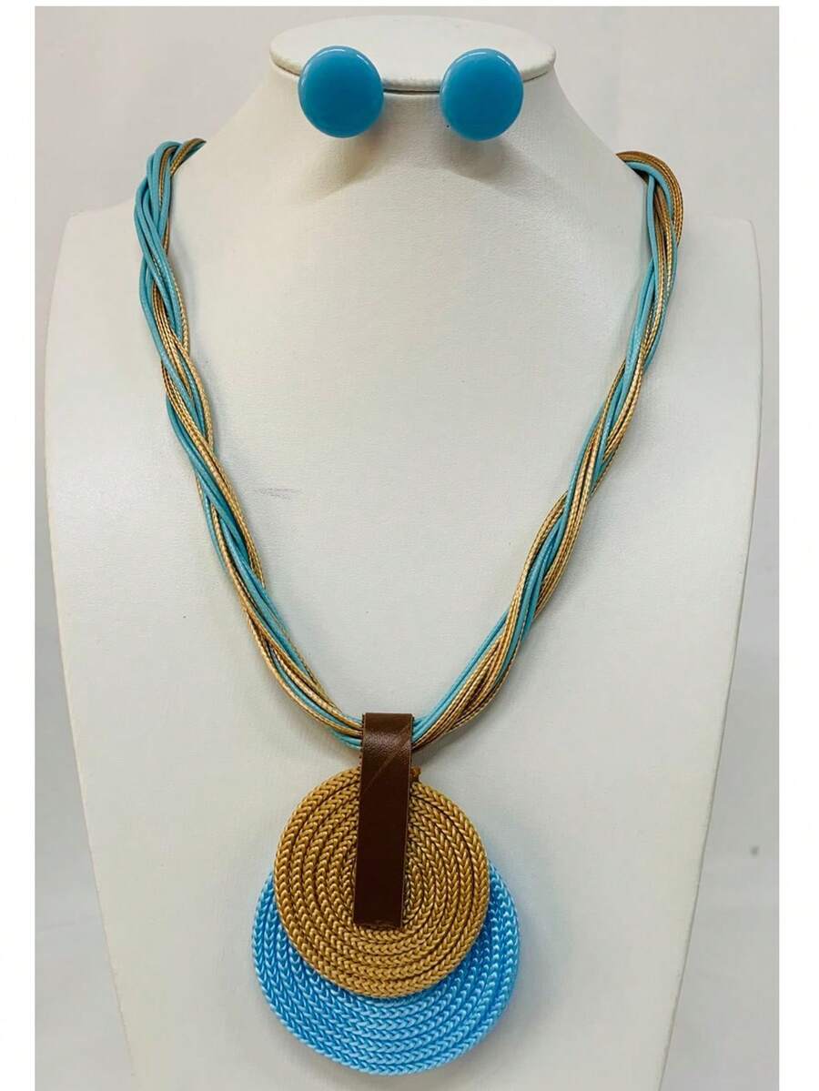 Braided Wire Necklace Set With Double Pendant + Resin Button Earrings – Sophistication In Every Detail. - Baby Blue - View 1