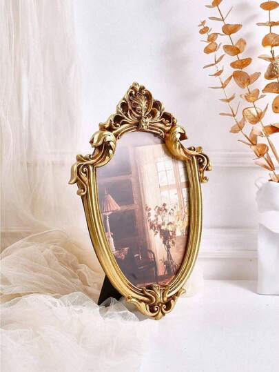 1PC, Retro Gold Photo Frame, Resin Material European Classical Pattern Decorative Photo Frame, Indoor Warm Home Decoration Photo Display Frame, Suitable For Photo Display And Photography Decoration Props
