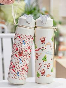 1pc 750ml/26oz Christmas Themed Straw Sports Water Bottle, Compact & Portable, Leak-Proof, Suitable For School, Office, Outdoor Activities, Running, Fitness, Perfect Christmas Gift - Multicolor - View 2