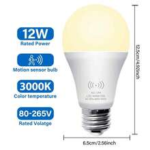 Bóng đèn LED cảm biến chuyển động A21 từ hoàng hôn đến bình minh, 12W, cảm biến radar chính xác. Chống nhiễu. Chức năng hẹn giờ tắt đèn thông minh. Đèn tự động tắt khi không có người. Đèn độ sáng cao 12W. Thay thế đèn truyền thống 60W. Không nhấp nháy. Thân thiện với mắt và bền bỉ. Ánh sáng trắng ấm 3000K và ánh sáng ban ngày 6000K, đui E26/E27, tuổi thọ 10.000 giờ, dùng cho phòng giặt, tầng hầm, hành lang, tủ quần áo, bộ 5 bóng. - Trắng-12W - Xem 5