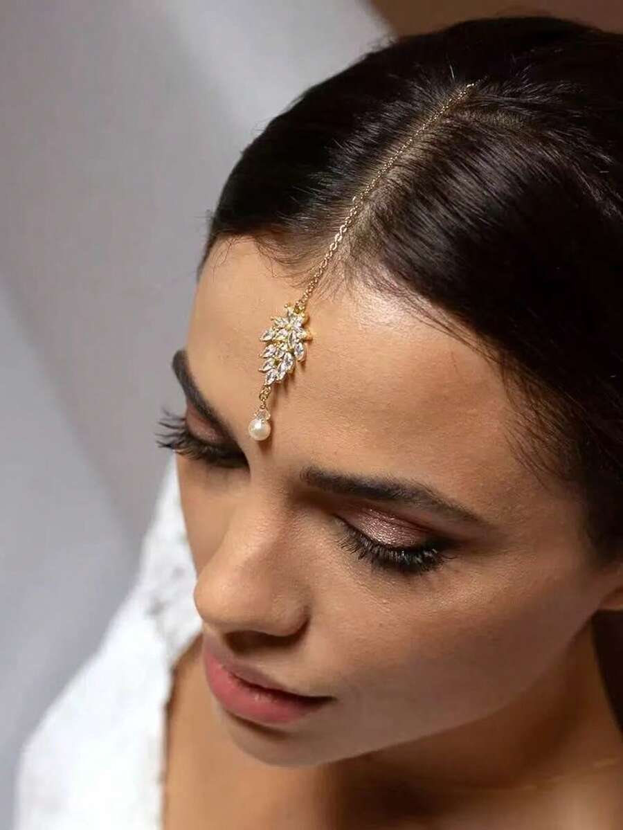 1 pieza Cadena para el cabello de estilo bohemio para mujer, diadema de perlas falsas para novia, colgante para la frente, joyería elegante para la cabeza, accesorio de moda minimalista para el cabello, cadena para la cabeza, artículos de boda - Multicolor - Ver 1
