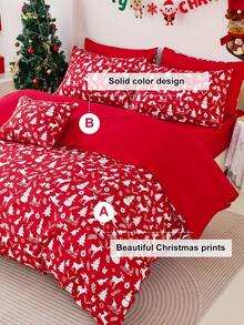2/3pcs Red Christmas Elements Printed Duvet Cover Set, 1pc Duvet Cover+1/2pcs Pillowcase Without Filler(No Comforter), Soft And Breathable, Chic Christmas Decorative Bed Sprea Bed Cover For Bedroom Dorm Essentials, Oeko-Tex Certified