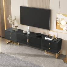 TV Unit, Low Panel With Structured Doors, TV Stand With Drawers, Gold Handles And Gold Legs. - Black + MDF + 70-79 Inches - View 8