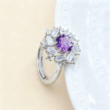 925 Silver Purple Crystal Snowflake Shaped Open Ring, Surrounded By Multi-Cut Diamonds, Luxurious And Elegant, Suitable For Weddings, Banquets, Dates, Concerts, Parties And Other Occasions