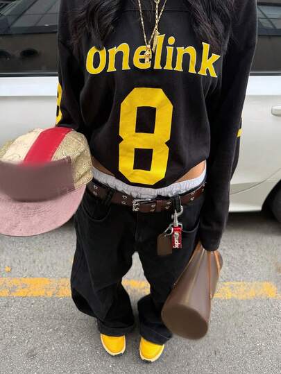 Ropa de otoño Tops para mujeres de talla grande Diseño de impresión digital de letras deportivas Y2K de uso diario con ajuste holgado y manga larga