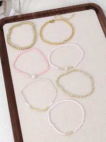 7 قطع سوار متعدد الطبقات قابل للتعديل مزين بالخرز الوردي والذهبي، هدايا مجوهرات للأصدقاء، مناسب للارتداء اليومي والحفلات