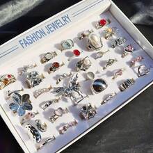 10 Stücke exquisiter rosa synthetischer Zirkonia Herz Liebe Schmetterling Ringe Set für Frauen, gemischter Stil, modische offene verstellbare Finger Schmuck, Party Geschenke