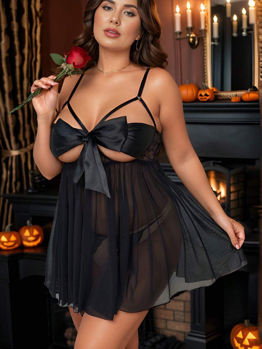 2pcs Plus Size Lingerie Set With Ribbon Tie Back Design, Christmas, Halloween, Valentine's Day Gift - Black - View 1