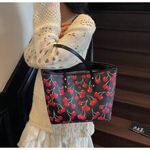 Cute Cherry Pattern Large Capacity Handbag| Women's Casual Versatile Shoulder Tote, Simple Fashion Shopping Bag, Everyday Work Purse - Black - View 5