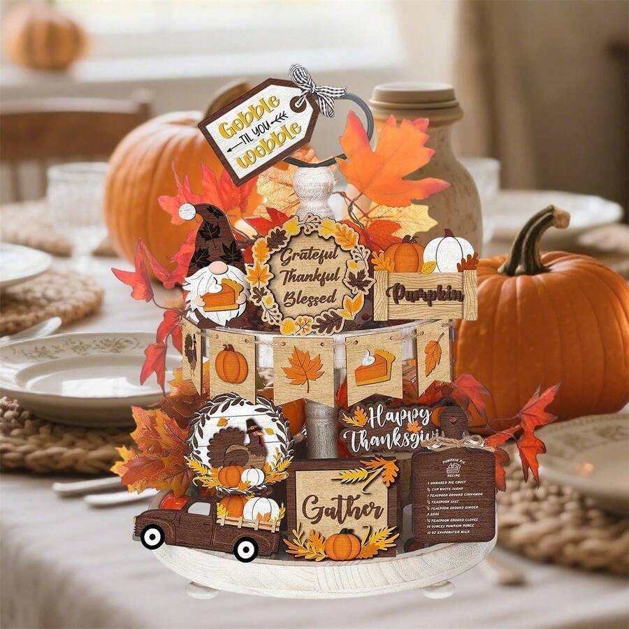 Thanksgiving Tiered Tray Decor Set 15Pcs Wooden Fall Table Signs For Home Office Party Decor - Multicolor - View 1