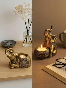 1件复古金色大象烛台 - 坐姿或卧姿雕塑装饰，卧室/客厅烛台托盘，毕业或乔迁礼物