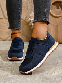 Damskie, lekkie, sznurowane, casualowe trampki w stylu retro z blokami kolorów, modne buty sportowe z okrągłym noskiem - Granatowy - Zobacz 5