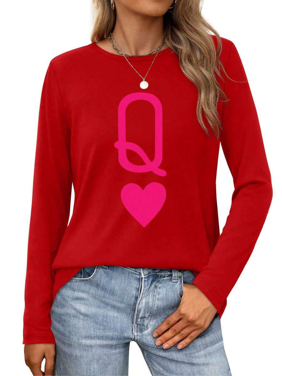 Neon Pink Letter Q And Heart On Gradient Background Womens Long-Sleeve Crewneck T-Shirt - 紅色 - 查看 1