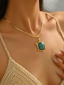 1 件女式 18K 镀金活力蓝海马吊坠项链，彩绘装饰吊坠配蛇骨链，适合海滩/夏季装扮