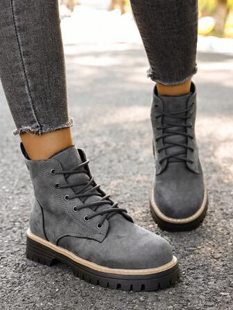 Women's Solid Color Round Toe Lace-Up Thick Heel Short Boots, Fashion Versatile Casual Comfortable Stylish Short Boots, Autumn/Winter
