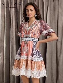 A&A 优雅 V 领灯笼短袖印花拼接荷叶边下摆收腰中长连衣裙，节日/外出/度假装，情人节装，秋冬装，万圣节装，端庄装，商务休闲装，返校装，波西米亚装 - 彩色 - 查看 4