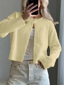 Sylvia Women's Basic Minimalist Long Sleeve Crew Neck Short Fitted Soft Knit Solid Color Cardigan Sweater, Gentle Relaxed Fit For Daily, Commute, Casual, Afternoon Tea, New Year, Valentine's Day - Yellow - View 3