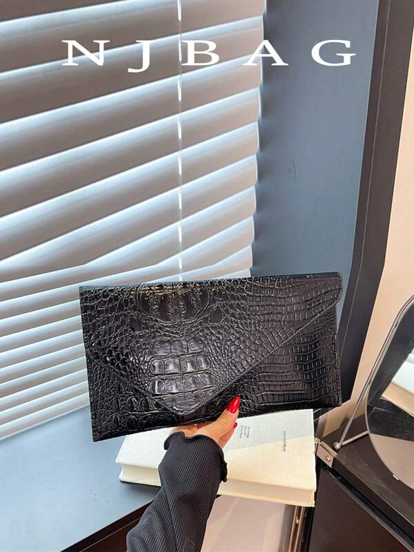 Solid Color Crocodile Embossed Minimalist Flap Clutch Envelope Bag, Fashionable & Casual PU