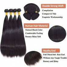BINF 10A Grade Natural Color Straight Virgin Human Hair Extensions 10-30 Inches, Real Unprocessed Black/Golden Straight Hair Weave Bundles For Women - Natural Black - 查看 6
