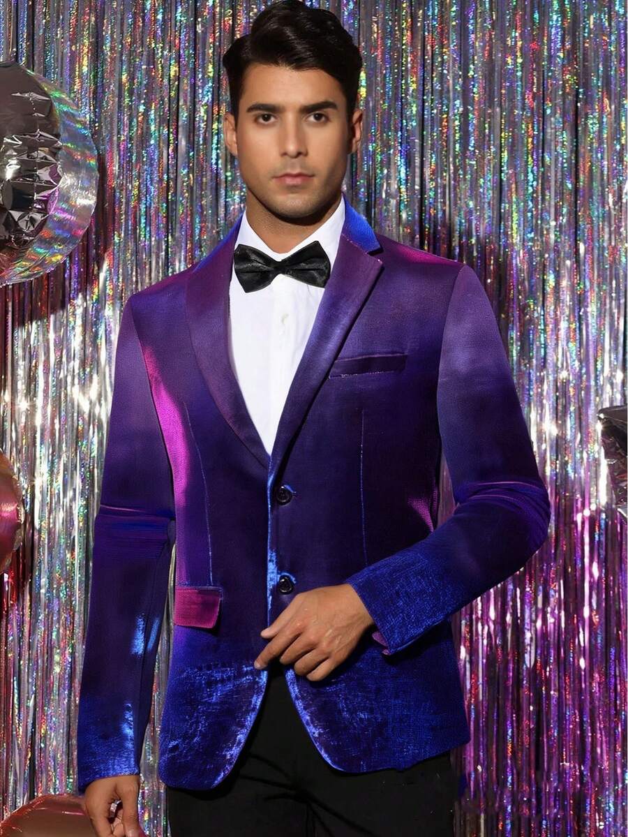 Men Lapel Collar Single Breasted Blazer - Purple - View 1