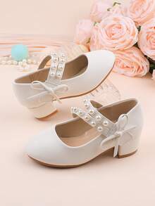 Zapatos de vestir con tacón grueso, decorados con lazo y perlas en estilo minimalista blanco, adecuados para ocasiones formales, fiestas, bodas, actuaciones, ballet, estilo princesa, para niñas pequeñas, niñas y niñas grandes