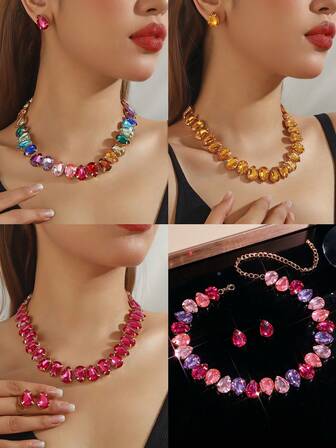 1pc Geometric Teardrop Fuchsia & Pink Acrylic Crystal Necklace, 1 Pair Fuchsia & Pink Teardrop Acrylic Earrings, Formal Dress Accessory Set