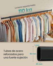 Burro Ropa con Ruedas, Perchero Burro Extensible con Carga Pesada, Capacidad de Carga de 110 kg, 45 x (160-200) x 162,9 cm, Fácil de Montar, Portátil, Negro - Negro - Ver 2