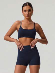 Sodalemon Women 2Pcs Fitness Sets Backless Padded Sport Bra No Front Seam Outdoor Cycling Shorts Elastic Gym Training Sport Set - 藏蓝色 - 查看 4