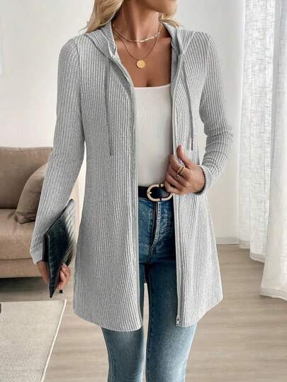 Moletom com capuz feminino elegante com zíper - Pulôver macio de manga comprida, design com cordão ajustável, moletom casual de cor sólida, essencial para o outono/inverno, lavável à máquina, uso diário confortável, punhos canelados, moderno para o outono, tecido macio, essencial para o inverno