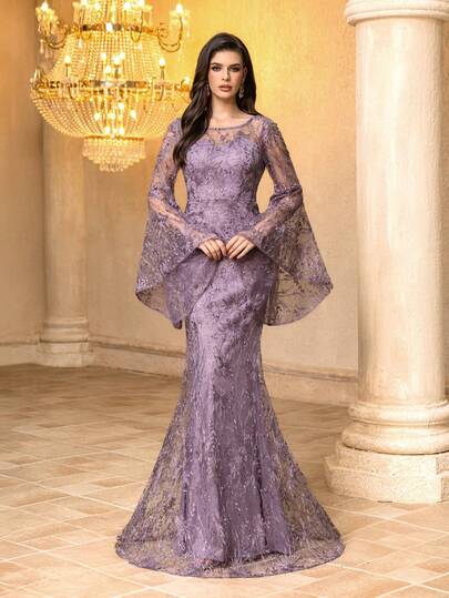 Vestido de mujer con cuello redondo y espalda descubierta, manga acampanada con parches bordados de malla, elegante vestido de fiesta de noche