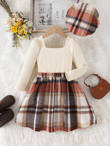 Young Girls Elegant Plaid Patchwork Long Sleeve Dress With Beret Hat - Apricot - View 2