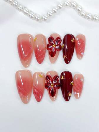 10 قطعة أظافر حمراء أنيقة وبسيطة للخريف بتصميم اللوز، باللون الأحمر ، مزينة بزهور حمراء ثلاثية الأبعاد وديكورات اللؤلؤ الذهبي؛ لوازم الأظافر، أظافر أكريليك قابلة للضغط، أظافر منزلية، DIY، فن الأظافر، أظافر أكريليك زائفة؛ مناسبة للعطلات والأعياد والحفلات والاستخدام اليومي؛ تشمل 1 قطعة غراء جيلي و 1 قطعة مبرد صغير