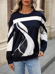 Plus Size Colorblock Abstract Print Long Sleeve Top, Minimalist Modern Style, Loose Fit And Colorblock Stripe Design, Comfortable For Commuting And Everyday Wear, Spring/Autumn