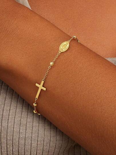1 件金色十字架圣母玛利亚链手链时尚简约仿珍珠金珠链 14K 镀金链手链基督教礼物十字架礼物时尚珠宝