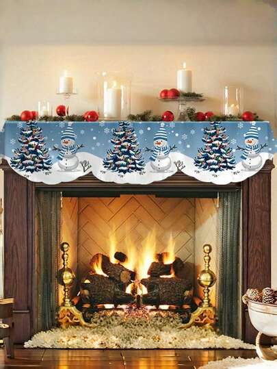 1pc Blue Christmas Stove Scarf, Christmas Tree, Snowman, Snowflake Design, Including Christmas Elements, Suitable For Christmas Decoration, 19.7 Inches X78.7 Inches, Soft And Comfortable Polyester, Multi-Purpose Table Flag Or Stove Cover, Holiday Home Decoration, Party Supplies And Seasonal Gifts, High-End Polyester Stove Decoration Cover Christmas Decorations Room Decor