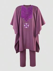 Purple Three Pieces Agbada Attire For Men, Long Colorblock Embroidered Robe And Dashiki Shirt & Elastic Waist Pants, Traditional African Attire For Ceremonies, Wedding, Cultural Celebrations, Festivals, Elegant African Fashion For Men, Royal & Elegant Style
