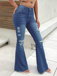 Boot Cut Jeans Women Mid Waisted Ripped Hem With Distinctive Frayed Edges, Long All Season Commuting Denim Pants - Medium Wash - View 3
