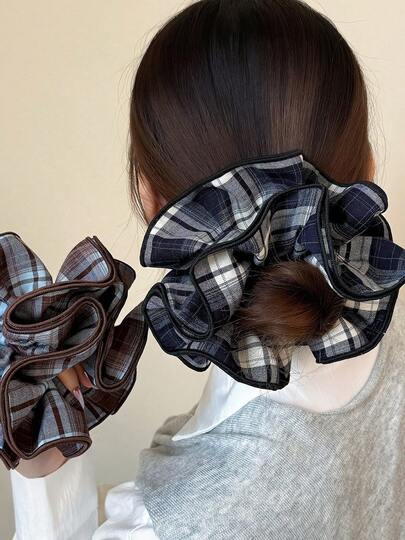 1 Peça Faixa de Cabelo Plissada Grande de Quatro Camadas com Borda Travada Xadrez - Acessório de Cabelo Versátil e da Moda, Elásticos de Rabo de Cavalo, Elásticos de Cabelo, Scrunchies, Corda de Cabelo, Elástico de Cabelo, Maquiagem