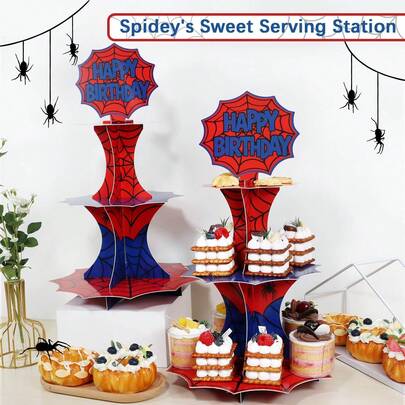1pc/2pcs,Spider Web Birthday Decorations 3 Tiers Cupcake Stand, Spidey Birthday Cardboard Holder Party Supplies,Blue Red Cartoon Party Dessert Holder Cartoon Afternoon Tea Bday Party Supplies Cupcakes Dessert Display Tower Rack For Birthday Party