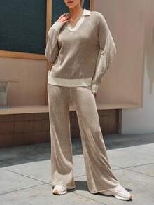 Fisoew Matching Sets For Women 2025 Fall Winter Striped Knit Set | Oversized Sweater & Lounge Pants | Y2K Cozy Matching Outfit | Women's Casual Street Style Tracksuit - 棕色 - 查看 7