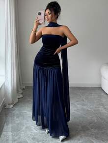 Długa letnia sukienka damska LilyHouse, elegancka, romantyczna sukienka z wdziękiem, idealna na formalne kolacje, przyjęcia świąteczne, codzienne randki i inne okazje. Wzór z satynowej wstążki, dopasowana sukienka bez ramiączek z kontrastowej siateczki, elegancka sukienka na imprezę. - Granatowy - Zobacz 2