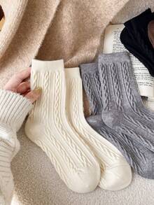 4 Pairs Women's Vintage Fashion Cable Knit Mid-Calf Socks, Warm Soft Casual Boat Socks, Suitable For Daily Wear And Outings, Autumn/Winter Season - Multicolor - View 7