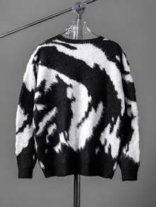 男士休闲宽松简约黑白绒毛图案圆领套头毛衣，轻薄长袖针织衫，男士礼物