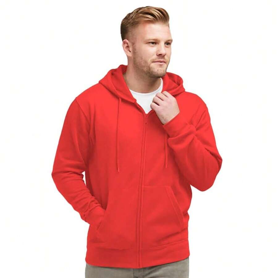 Mens Plain Full Zip Hooded Sweatshirt (Red) - Red - View 1